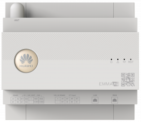 Ein weißer Huawei-Router mit Logos, Lichtern und Anschlüssen. Sichtbar sind Taste und QR-Code.