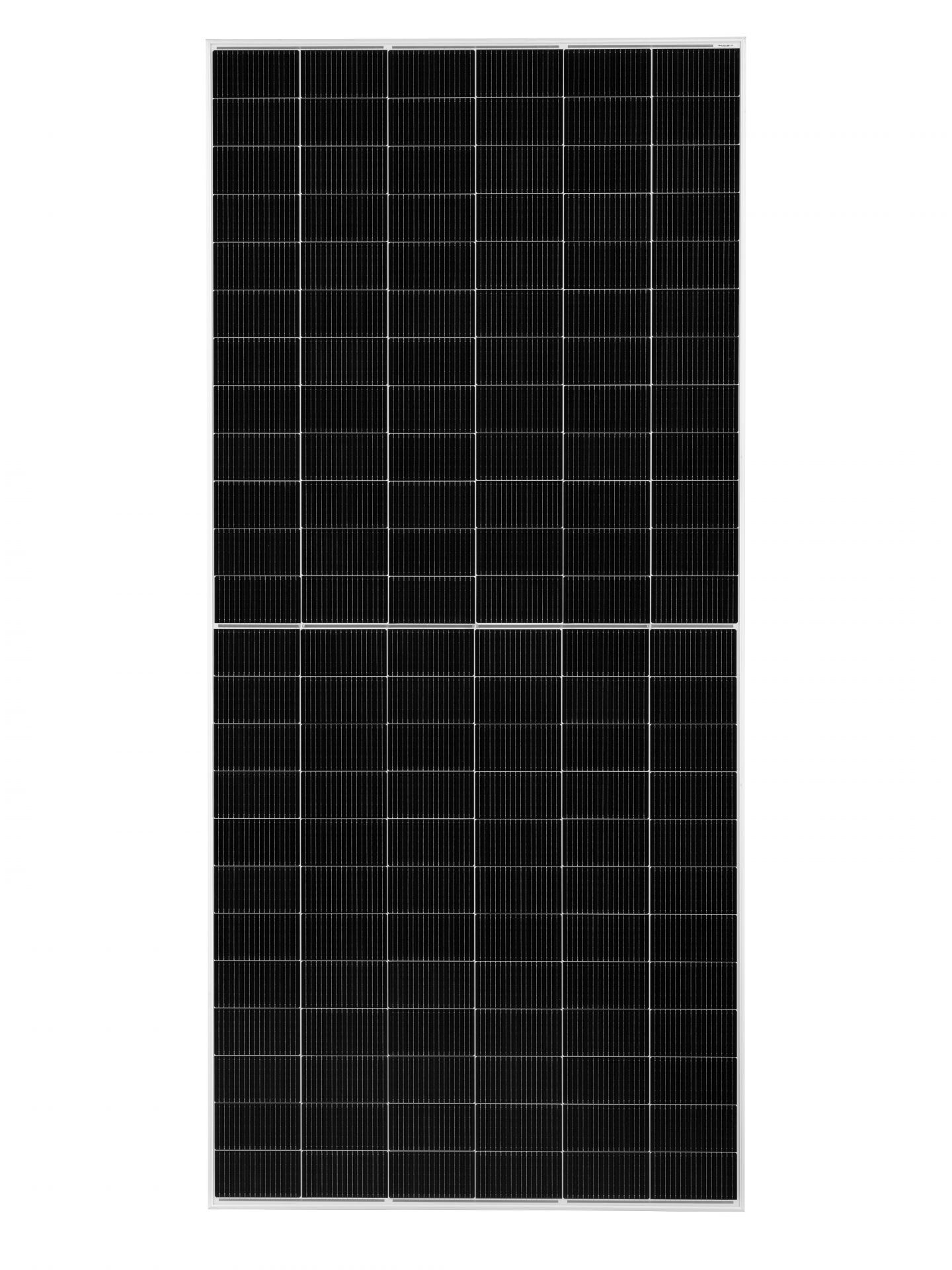 Schwarzes Solarpanel mit rechteckigen Zellen, keine besonderen Merkmale.