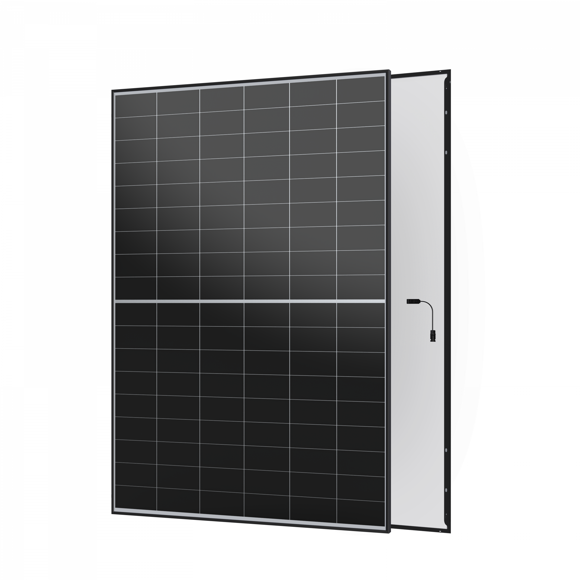 Schwarzes Solarpanel mit weißen Linien und Kabel an der Rückseite vor schwarzem Hintergrund.