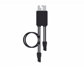 Schwarzer Solarmodul-Adapter mit zwei Kabeln und Anschlüssen, Kabel zu Schlaufe geformt.