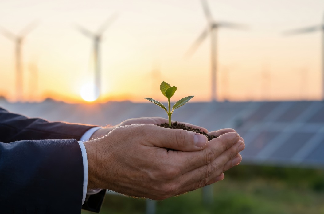 Nachhaltigkeitskonzept des Unternehmens: Ein Geschäftsmann, der einen wachsenden grünen Spross in der Hand hält, vor einem verschwommenen Hintergrund mit Solarmodulen und Windkraftanlagen, beleuchtet im Licht der „Golden Hour“